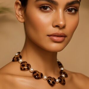 Brown Tortoiseshell Heart Acrylic Faux Pearl Necklace Chunky Choker Jewelry NEW